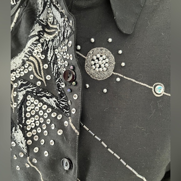 TOP TOPS Vintage Embellished Black Button Front Blouse Sequins Beads 80's Vibes - Picture 4 of 16